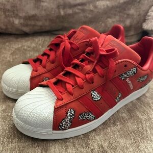 Adidas x Farm Sneaker Superstar Red Suede Pineapple Print Shell Toe Sz 10